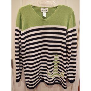 The Quacker Factory Nautical Sweater M Womens Green Black Embelished Anchors